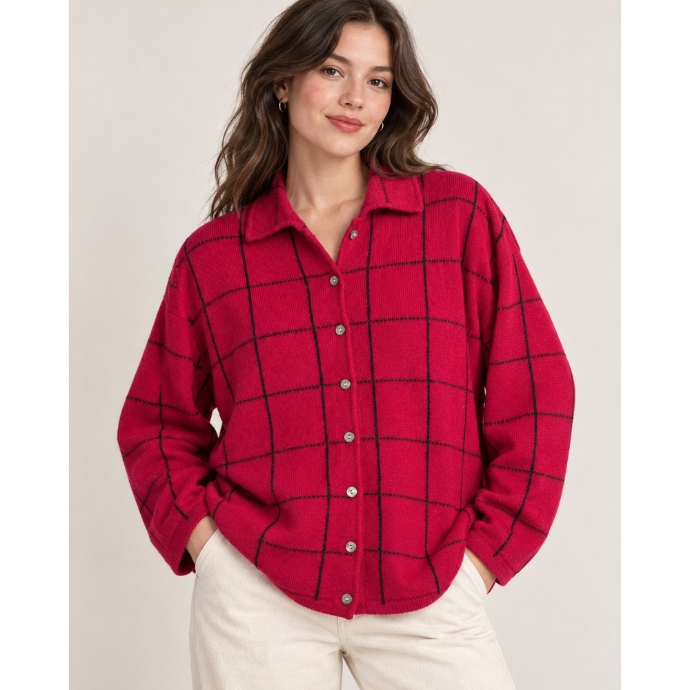 VTG Karen Scott II Cardigan Women 3XL Red Wool Windowpane Plaid Boxy Preppy